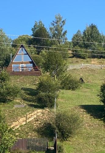 a small house on top of a grassy hill at Файна хата 3 in Synevyrsʼka Polyana
