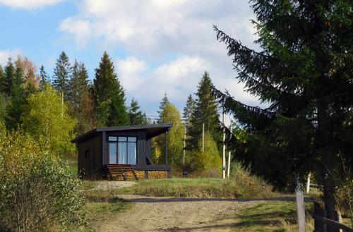 una pequeña cabaña en medio de un bosque en Chilloutzonе - Будинок з безкоштовним джакузі та кінотеатром, en Slavske