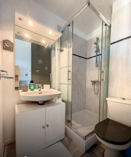une salle de bain avec une douche, un lavabo et des toilettes dans l'établissement Appartement Le Barcares avec vue sur mer de type T2 location Arrivée à partir de 15h départ maximum à 11h Location du samedi au samedi juillet et août, au Barcarès