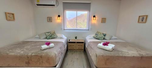 two twin beds in a room with a window at Colorful Garden House in Providencia