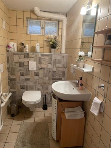 ein Bad mit einem WC und einem Waschbecken in der Unterkunft Gästehaus Jeurissen ca 5 Autominuten von Europa-Park Rust oder Rulantica in Kappel-Grafenhausen
