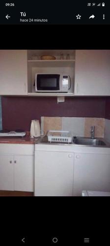 eine Küche mit einer Spüle und einer Mikrowelle in der Unterkunft Cabañas El Milagro in Coquimbo