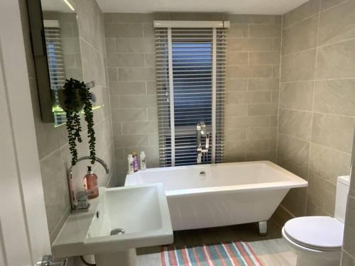 a bathroom with a tub and a toilet and a sink at Elora's Dream in Wisbech