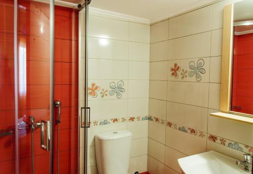 a bathroom with a toilet and a shower at Christina Rooms in Adamas