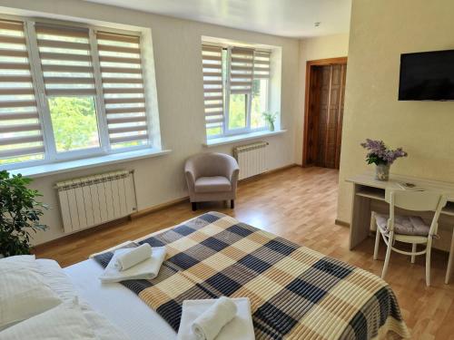 a bedroom with a bed and a desk and windows at Villa ZENKO in Lviv