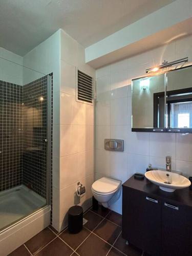 a bathroom with a toilet and a sink and a shower at Somos Flats Kuşadası in Kusadası