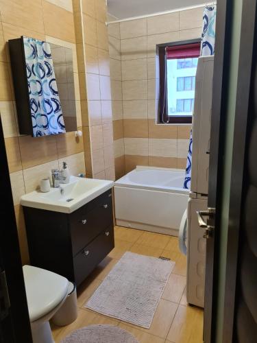 a bathroom with a sink and a tub and a toilet at Stefania Apartment Sibiu in Şelimbăr