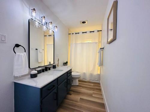 a bathroom with a sink and a toilet and a mirror at StarryNight at Museum Park - WORLD CUP in Houston