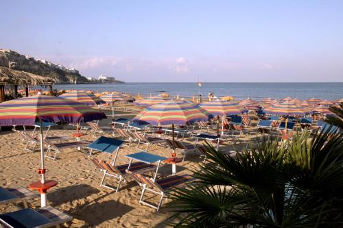 a bunch of chairs and umbrellas on a beach at Bikini Hotel in Vieste