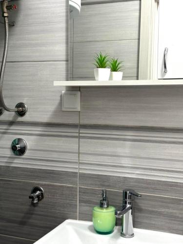 ein Badezimmer mit einem Waschbecken und einer grünen Schüssel darauf in der Unterkunft Apartment Aurora in Foča