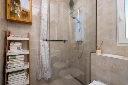 W łazience znajduje się prysznic ze szklanymi drzwiami. w obiekcie Apartment Ivy w Splicie
