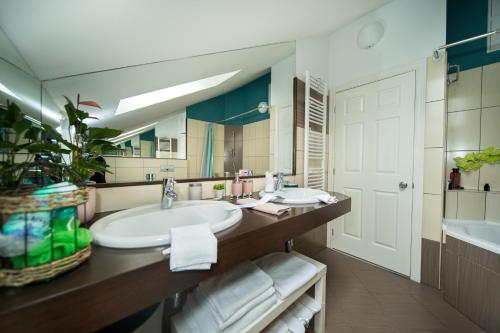 een badkamer met een wastafel, een bad en een spiegel bij Vila Ava in Zaprešić