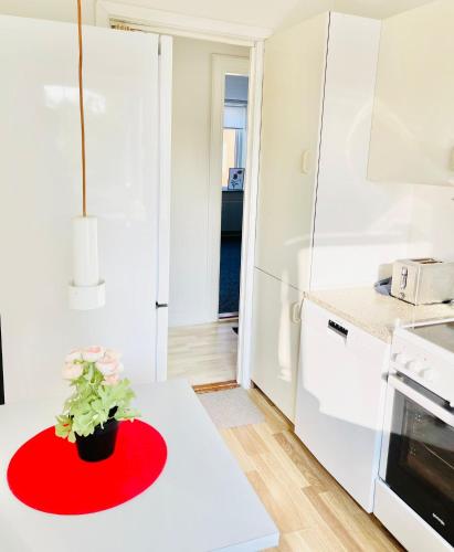 a kitchen with a red table with a plant on it at Scandinavian Apartment Hotel - Tobaksgården - 2 room apartment in Horsens