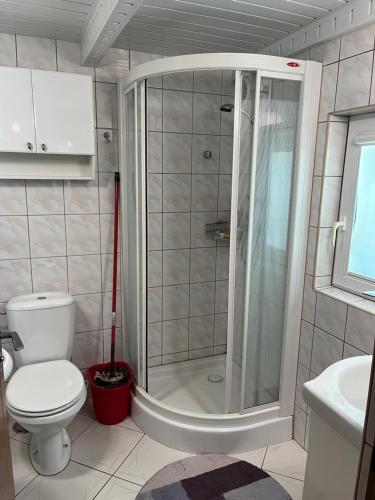 a bathroom with a shower with a toilet and a sink at Domek Myśliwski Wilkasy Zalesie in Wilkasy