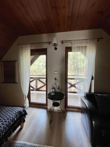 a living room with a bed and a sliding glass door at Siedlisko Musialove nad jeziorem 8 osob in Łężce