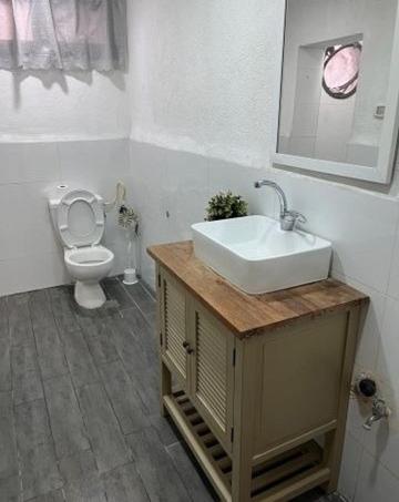 La salle de bains est pourvue d'un lavabo et de toilettes. dans l'établissement Downtown spacious Apartment, à Haïfa