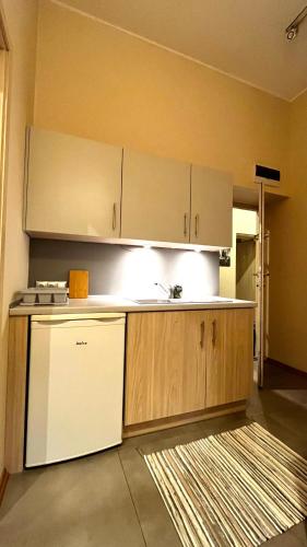 a kitchen with a white refrigerator and a dishwasher at Double Studio City Center in Krakow