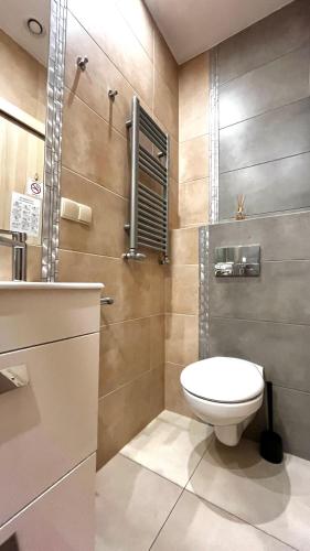 a bathroom with a toilet and a shower at Double Studio City Center in Krakow