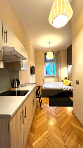 a kitchen with a room with a bed in the background at Double Studio City Center in Krakow