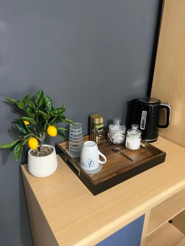 una mensola con una macchinetta del caffè e una pianta di Rooms in Surrey a Laleham
