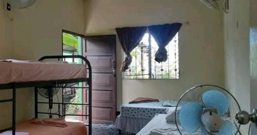 a room with two bunk beds and a window at Cocos Hostel in Moyogalpa