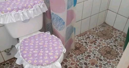 a bathroom with a toilet with a pink lid at Cocos Hostel in Moyogalpa