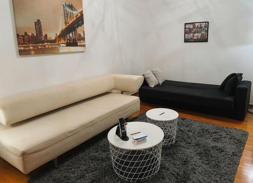 - un salon avec un canapé et une table dans l'établissement Glyfada Prime Location Spacious Apartment, à Athènes