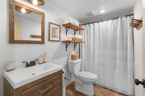 bagno con lavandino, servizi igienici e specchio di Little Tooth Retreat - Little Cabin a Sandpoint