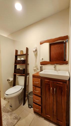 a bathroom with a white toilet and a sink at Hotel Cabañas Aldea Maya in Xpujil