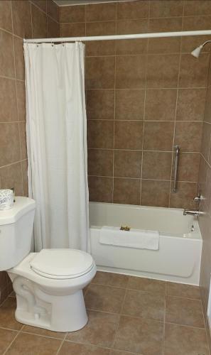 a bathroom with a toilet and a tub and a shower at White Fang Motel in Wawa