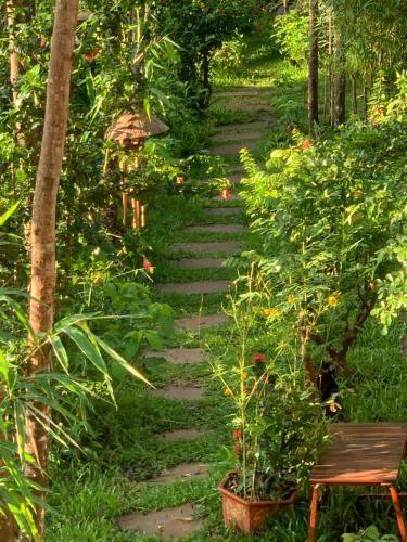 a stone path in a garden with a bench at Khu Du Lịch Sinh Thái, Nghỉ dưỡng Homestay Hoàng Ánh - Kon Xom Luh in Kon Tum