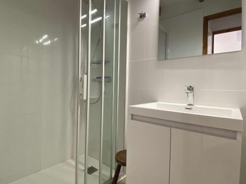une salle de bain blanche avec un lavabo et une douche dans l'établissement Maison 2 pièces à Oléron, 4 couchages, proche plage, jardin, parking, ménage inclus - FR-1-246A-248, à Dolus-d'Oléron