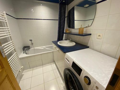 une salle de bain avec une machine à laver et un lavabo dans l'établissement Charmant T2 + cabine avec balcon orienté sud à Saint-Jean-de-Sixt, proche de La Clusaz - FR-1-459-209, à Saint-Jean-de-Sixt
