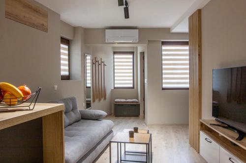 a living room with a couch and a television at Family House Atanasovi in Veliko Tŭrnovo