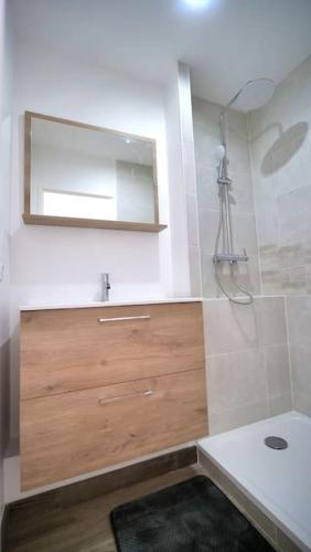 une salle de bain avec un lavabo et un miroir dans l'établissement Appartement indépendant proche Tours, à Esvres