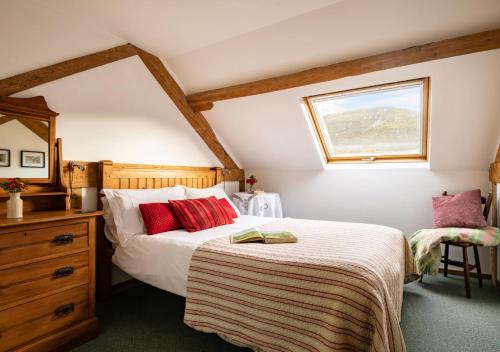 a bedroom with a bed with red pillows and a window at The Tollant in Rhayader