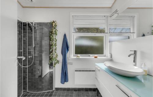 uma casa de banho branca com um lavatório e um chuveiro em Stunning Home In Dronningmlle With Kitchen em Dronningmølle