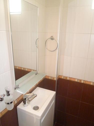 a bathroom with a sink and a mirror at Hostel Rayska Yabalka in Varna City