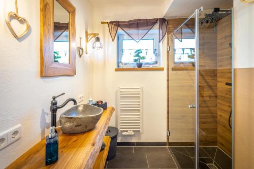 uma casa de banho com um lavatório e um chuveiro em Riedbach-Lodge em Viechtach