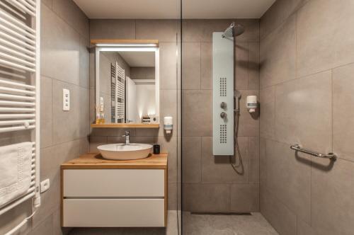 a bathroom with a sink and a shower at Apartments Ursus in Bled