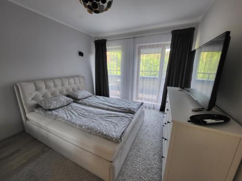 a bedroom with a bed and a dresser with a mirror at Lighthouse apartment in Nida
