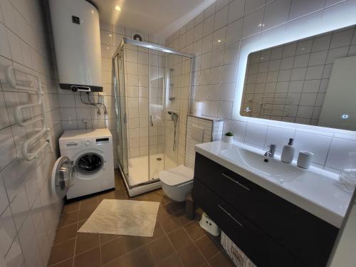 a bathroom with a sink and a washing machine at Lighthouse apartment in Nida