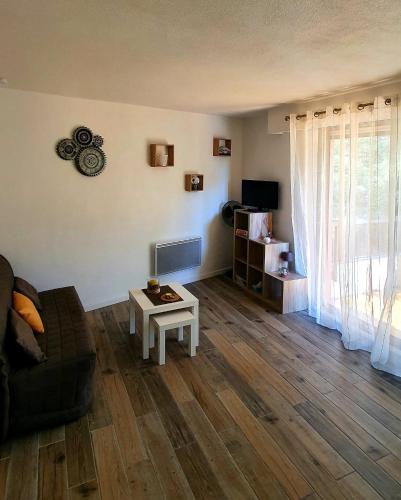 un salon avec un canapé et une table dans l'établissement Exceptionnel studio Nice proche mer avec piscine, parking et terrasse, à Nice