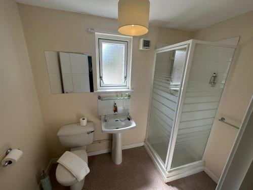 a bathroom with a toilet and a sink and a shower at Mackay's Spa Lodge Hotel in Strathpeffer