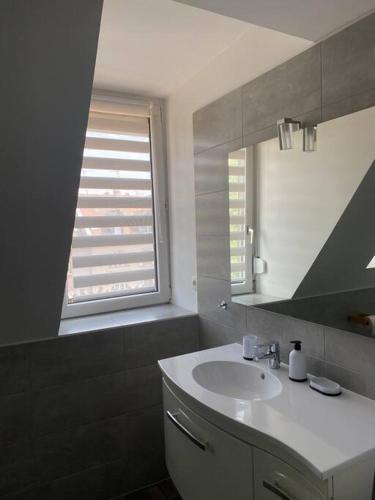 une salle de bain avec un lavabo blanc et une fenêtre dans l'établissement Appartement Cosy à Colmar, à Colmar