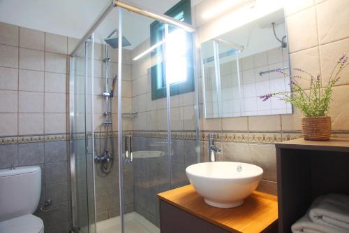 a bathroom with a glass shower and a sink at Echinades Resort in Vasiliki