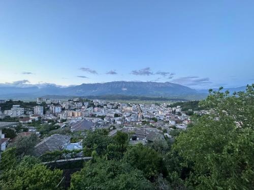 una ciudad con edificios y montañas en el fondo en Jons Apartment en Gjirokastër