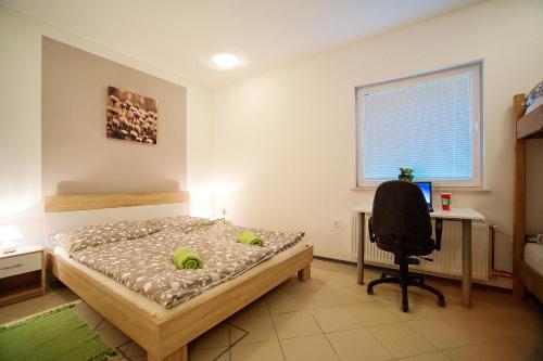1 dormitorio con cama, escritorio y silla en Sweet apartments with free private parking en Liubliana