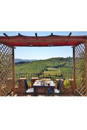 a table and chairs under a gazebo with a view at Iris nel Borgo in Greve in Chianti