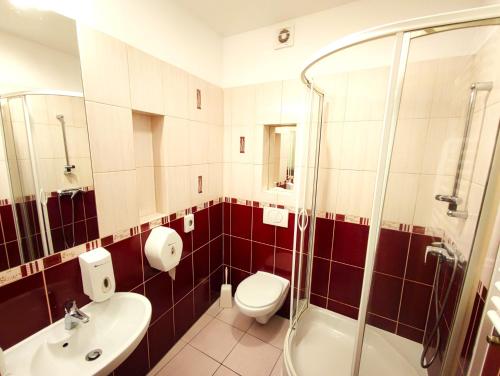 een badkamer met een toilet, een wastafel en een douche bij Rezydencja 5 Dębów in Międzyzdroje